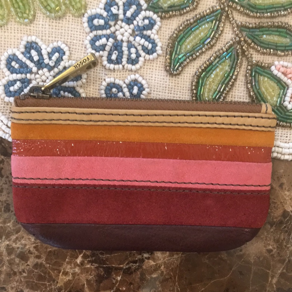 Fossil Leather Suede/Brass Colorblock Zipper Card… - image 1